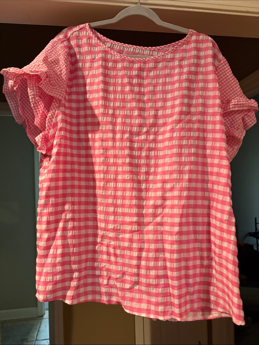 SHEIN Pink & White Gingham Ruffle Sleeve Top